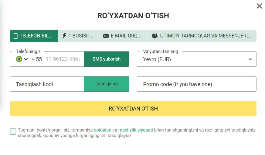 BetWinner O'zbekistonda ro'yxatdan o'tish